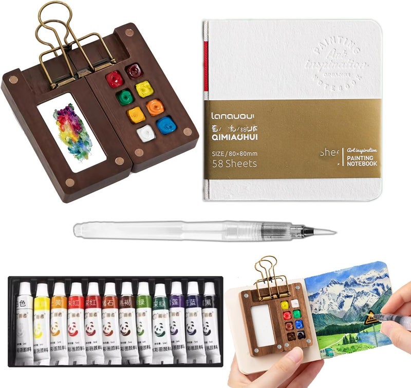 F'DIARY Mini Travel Watercolor Set Pocket Artist Watercolor Travel Set Grid Palette Box Sketch Book Brush Pens With Binder Clips For Painters Artists Students - Image 1